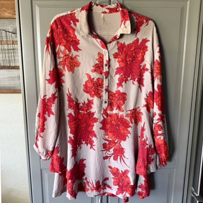 Free People Shake It Printed Mini Long Sleeve Dress,Red Gray,Xs